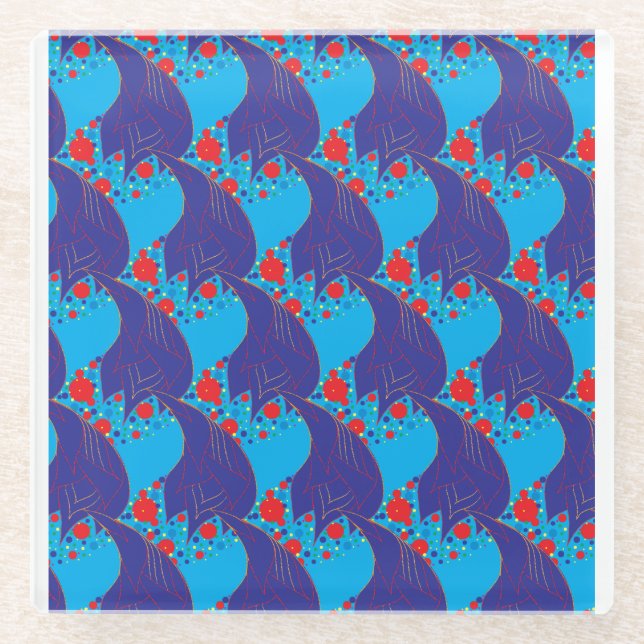 Modern abstract BLUE and red Rainbow drops pattern Glass Coaster (Front)