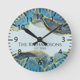 Modern Abstract Blue Gold Agate Stone Geode Ink  Round Clock