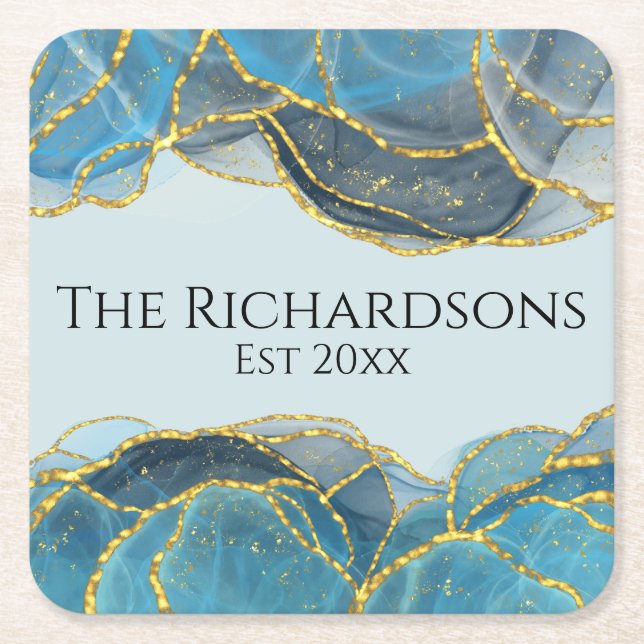 Modern Abstract Blue Gold Agate Stone Texture  Square Paper Coaster (Front)
