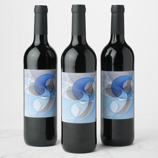 Modern Abstract Blue Grey Fractal Art Graphic Wine Label (Bottles)