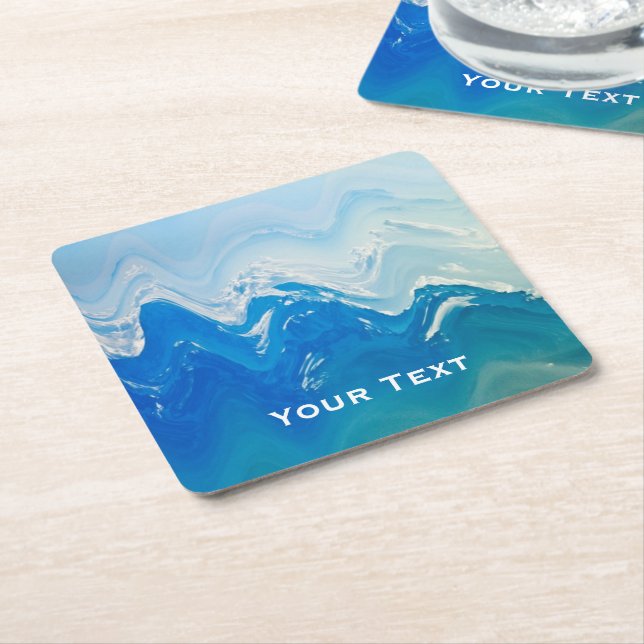 Modern Abstract Blue Ocean Art Personalised Square Paper Coaster (Angled)