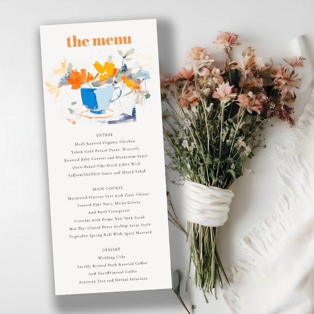 Modern Abstract Blue orange Floral Tea Cup Menu Invitation (Creator Uploaded)