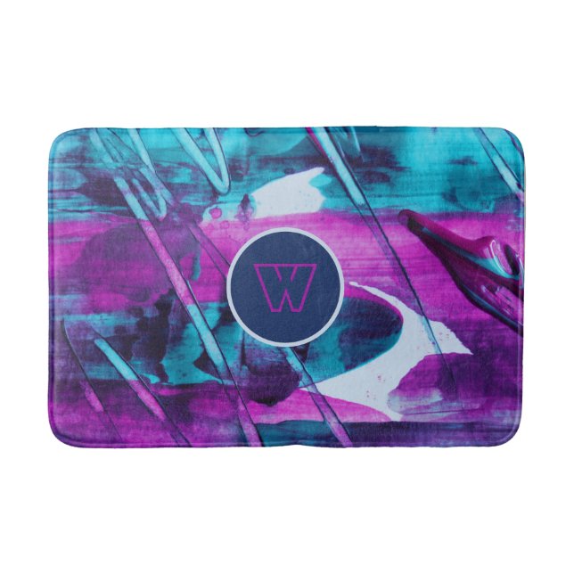 Modern Abstract Blue Pink Brush Strokes Monogram Bath Mat (Front)