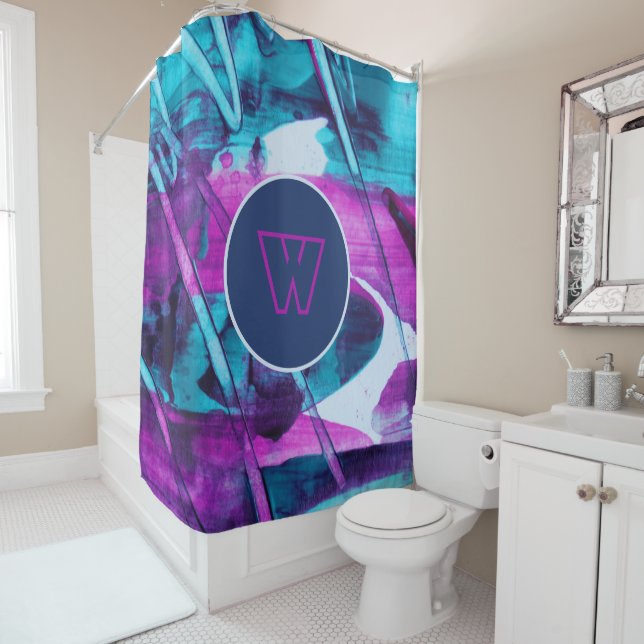Modern Abstract Blue Pink Brush Strokes Monogram Shower Curtain (In Situ)