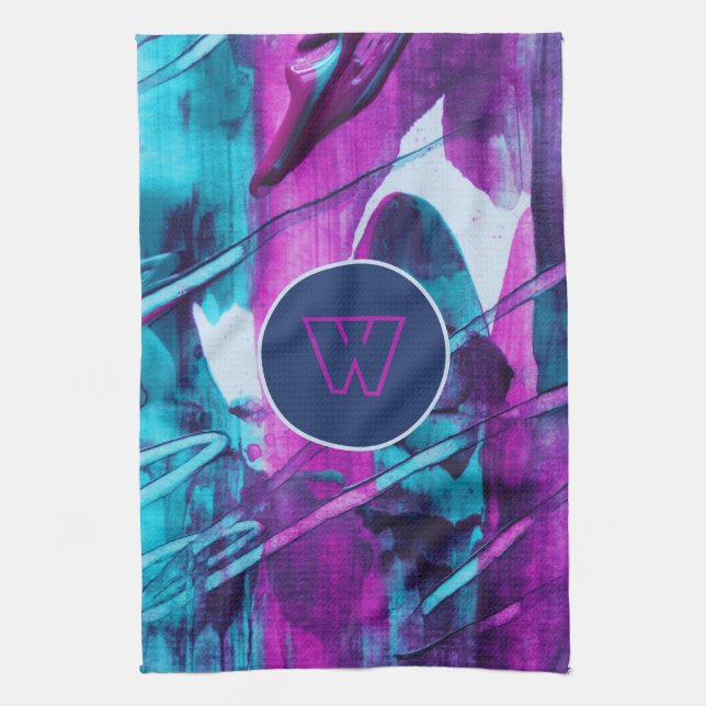 Modern Abstract Blue Pink Brush Strokes Monogram Tea Towel (Vertical)