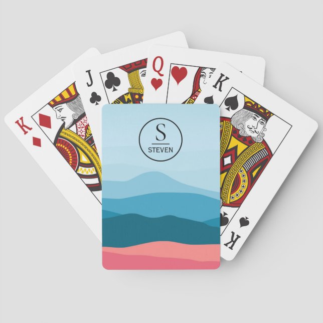 Modern Abstract Blue Pink Mountains Monogram Playing Cards (Back)
