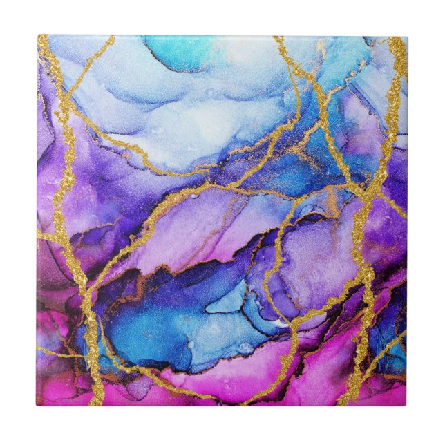 Modern Abstract Blue Purple Gold Glitter Pattern Tile (Front)