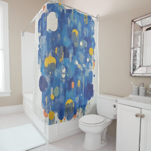 Modern Abstract Blue Raindrops Gold Accents Shower Curtain