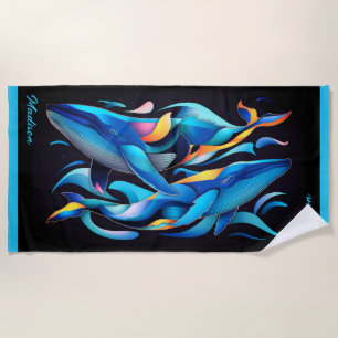Modern Abstract Blue Whales Customisable Beach Towel