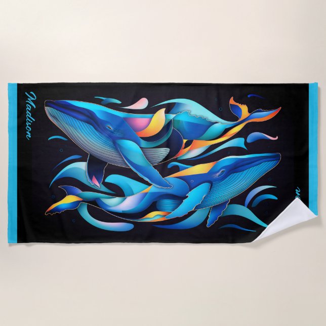 Modern Abstract Blue Whales Customisable Beach Towel (Front)