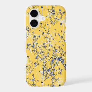 Modern Abstract Blue Wildflowers on Mustard Yellow
