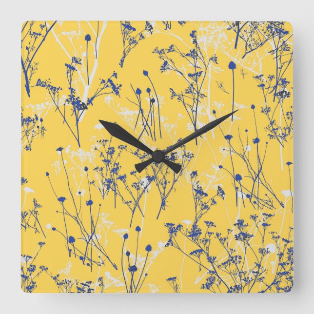 Modern Abstract Blue Wildflowers on Mustard Yellow Square Wall Clock (Front)