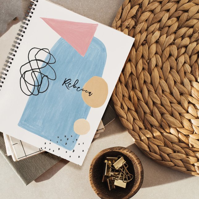 Modern Abstract Blush Pink Blue Shapes Monogram Notebook (Creator Uploaded)