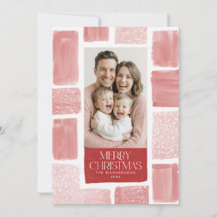 Modern Abstract Blush Red Snowy Family Photo Holiday Card