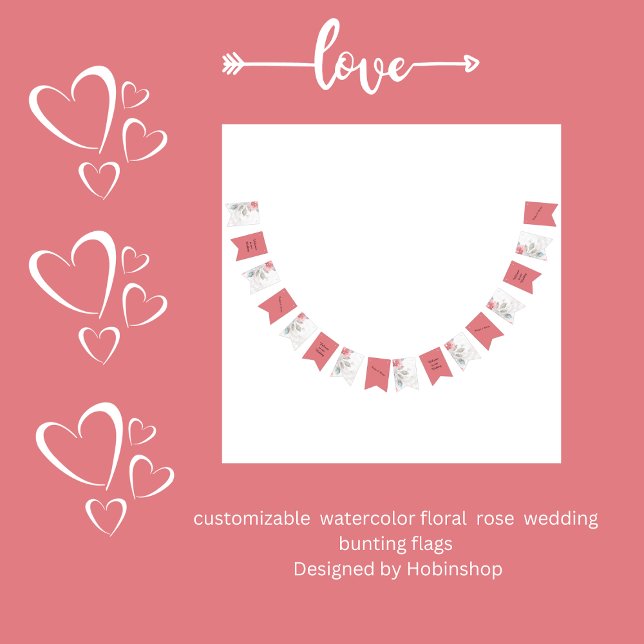 Modern Abstract Blush Rose & Wildflower Wedding Bunting (customizable  watercolor floral  rose  wedding bunting flags
 Designed by Hobinshop)