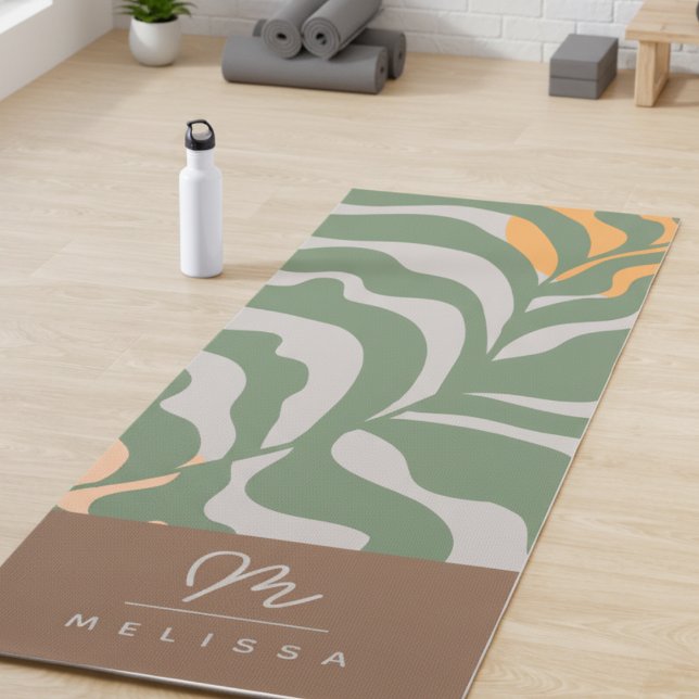 Modern Abstract Boho Green Grey Brown Monogram  Yoga Mat (Creator Uploaded)