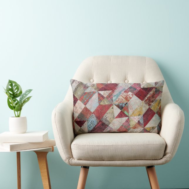 Modern Abstract Botanical Patchwork Red  Lumbar Cushion (Chair)