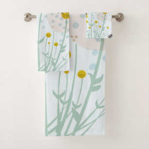 Modern Abstract Botanical Yellow Billy Button  Bath Towel Set
