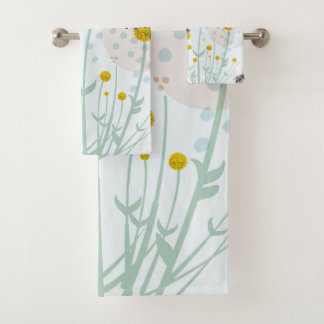 Modern Abstract Botanical Yellow Billy Button Bath Towel Set