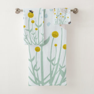 Modern Abstract Botanical Yellow Billy Button  Bath Towel Set