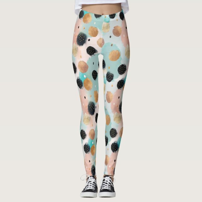 Modern Abstract Brushstroke & Polka Dot Pattern Leggings (Front)