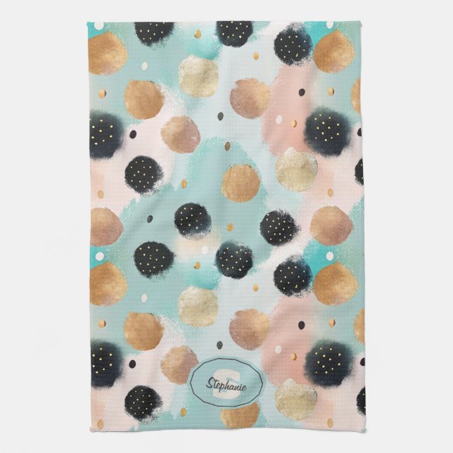 Modern Abstract Brushstroke & Polka Dot Pattern Tea Towel (Vertical)