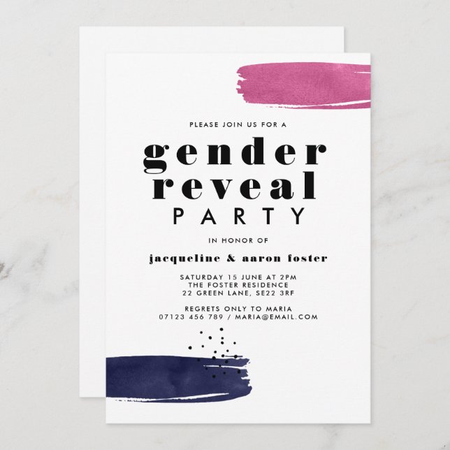 Modern Abstract Brushstrokes Gender Reveal Party Invitation (Front/Back)