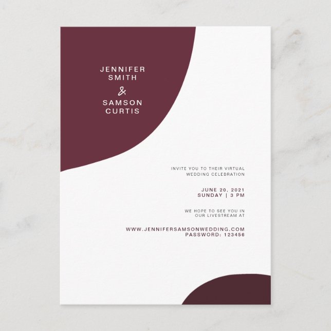 Modern Abstract Burgundy Virtual Wedding Invites Postcard (Front)