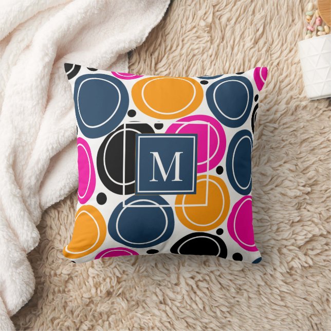 Modern Abstract Circles Monogram Pink Teal Cushion (Blanket)