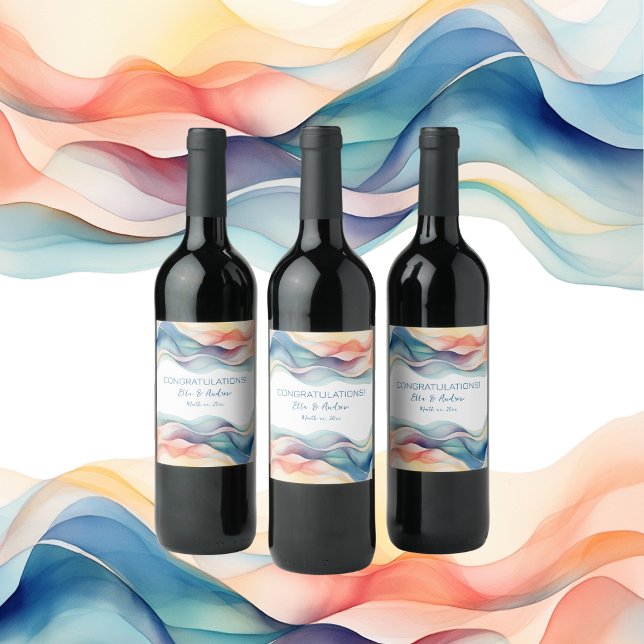 Modern Abstract Colour Wave Blue White Wedding Wine Label (Modern Abstract Color Wave Blue Wedding Wine Label)