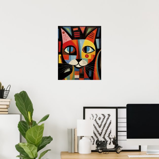 Modern Abstract Colourful Cat Wall Art (Home Office)