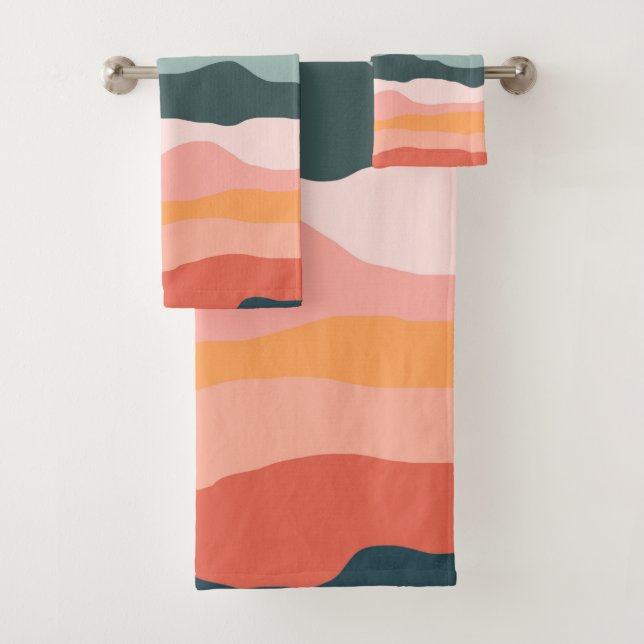 Modern Abstract Colourful Wavy Stripe Neutral Bath Towel Set (Insitu)