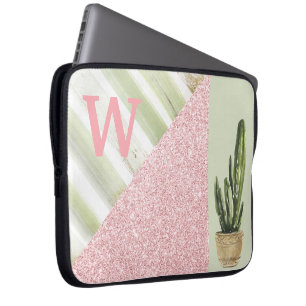 Modern Abstract Coral Glitter Cactus Monogram Laptop Sleeve