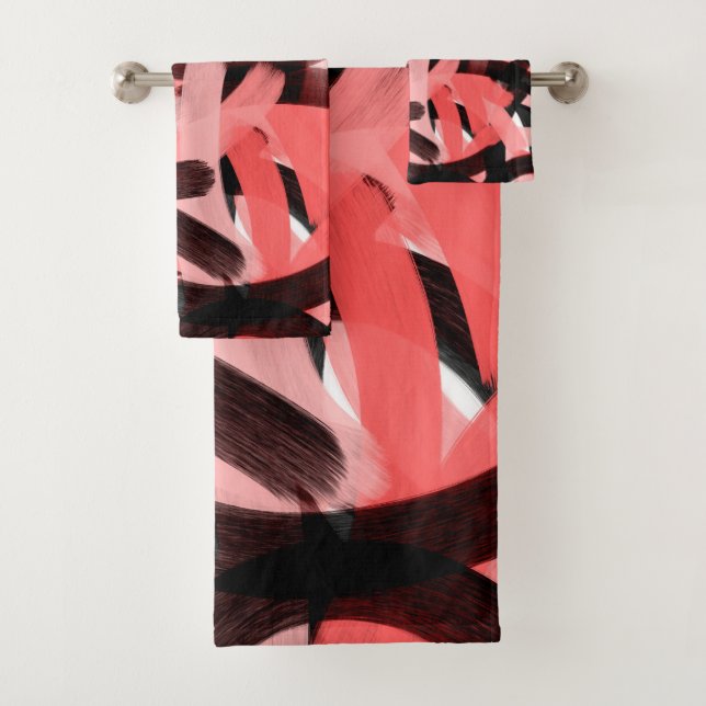 Modern Abstract Coral Pink Black Brushstroke Art Bath Towel Set (Insitu)