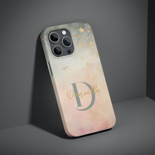 Modern Abstract Custom Name Monogram Stars Pink iPhone 15 Pro Max Case