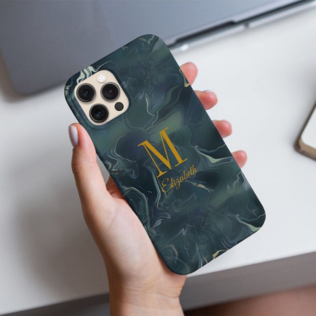 Modern Abstract Dark Green Turquoise Monogram Name iPhone Case (The abstract design inspired by nature in dark green tie-dye for the monogram custom name phone case)