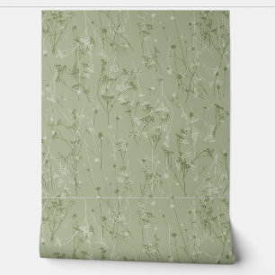 Modern Abstract Dark Sage Wildflowers Wallpaper