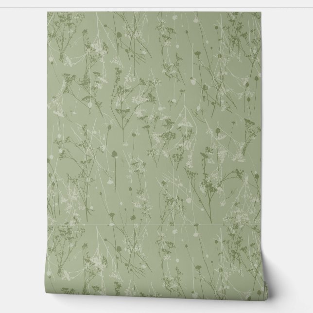 Modern Abstract Dark Sage Wildflowers Wallpaper (Unrolling)