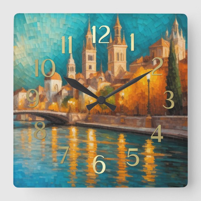 Modern Abstract Design Gold Orange Blue European  Square Wall Clock (Front)