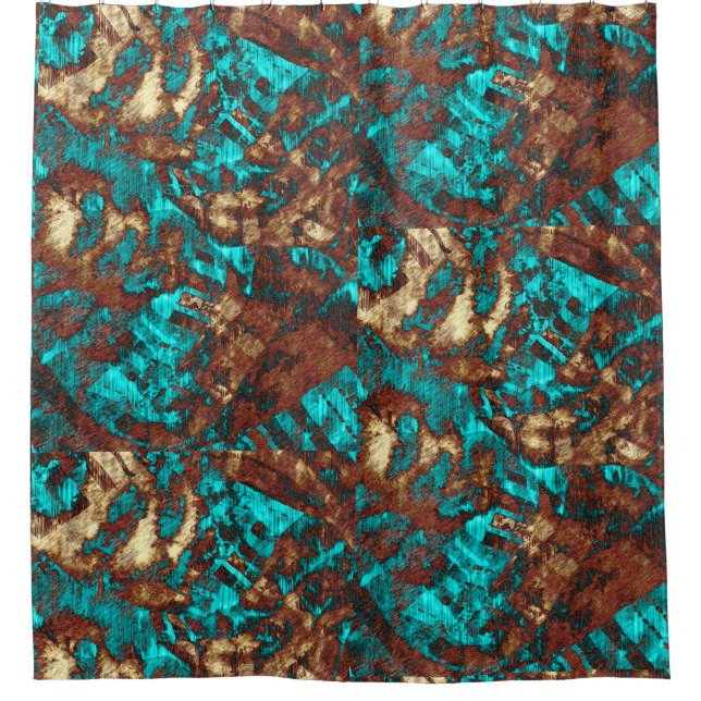 Modern Abstract Distressed Turquoise Brown Tan Shower Curtain (Front)