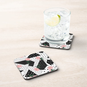 Modern Abstract  Dots and Pink Flowers Coaster