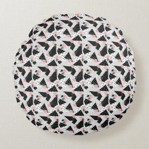 Modern Abstract  Dots and Pink Flowers Round Cushion