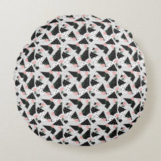 Modern Abstract  Dots and Pink Flowers Round Cushion