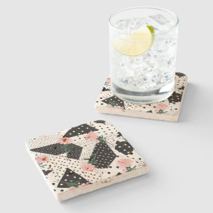 Modern Abstract  Dots and Pink Flowers Stone Coaster