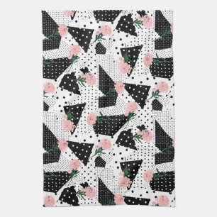 Modern Abstract  Dots and Pink Flowers Tea Towel