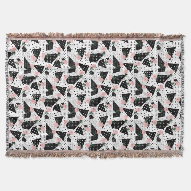 Modern Abstract  Dots and Pink Flowers Throw Blanket (Front)
