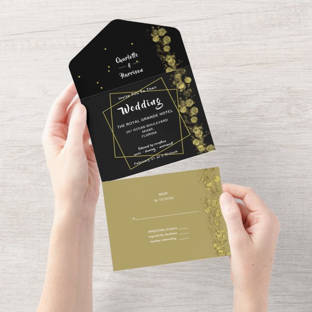 Modern Abstract Elegant Black Gold Wedding All In One Invitation (Tearaway)