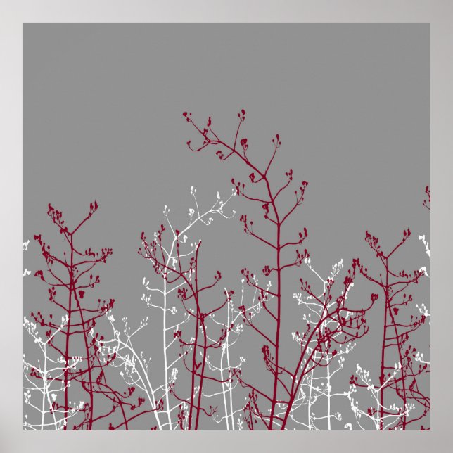 Modern Abstract Elegant Burgundy Flowers on Grey Poster (Front)