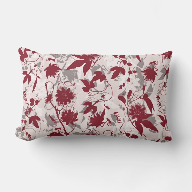 Modern Abstract Elegant Grey Burgundy Floral Lumbar Cushion (Front)