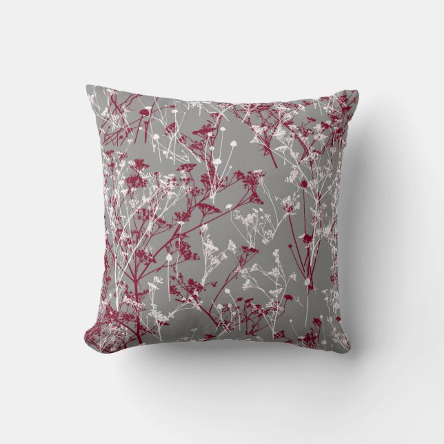 Modern Abstract Elegant Wildflowers Grey Burgundy  Cushion (Front)